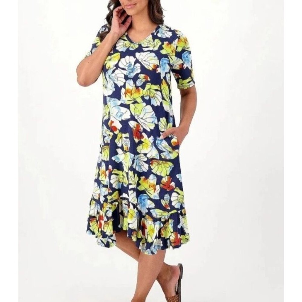 LOGO Lori Goldstein Dress XL Blue Floral Ruffle Hem V-Neck Short Sleeve Knit
